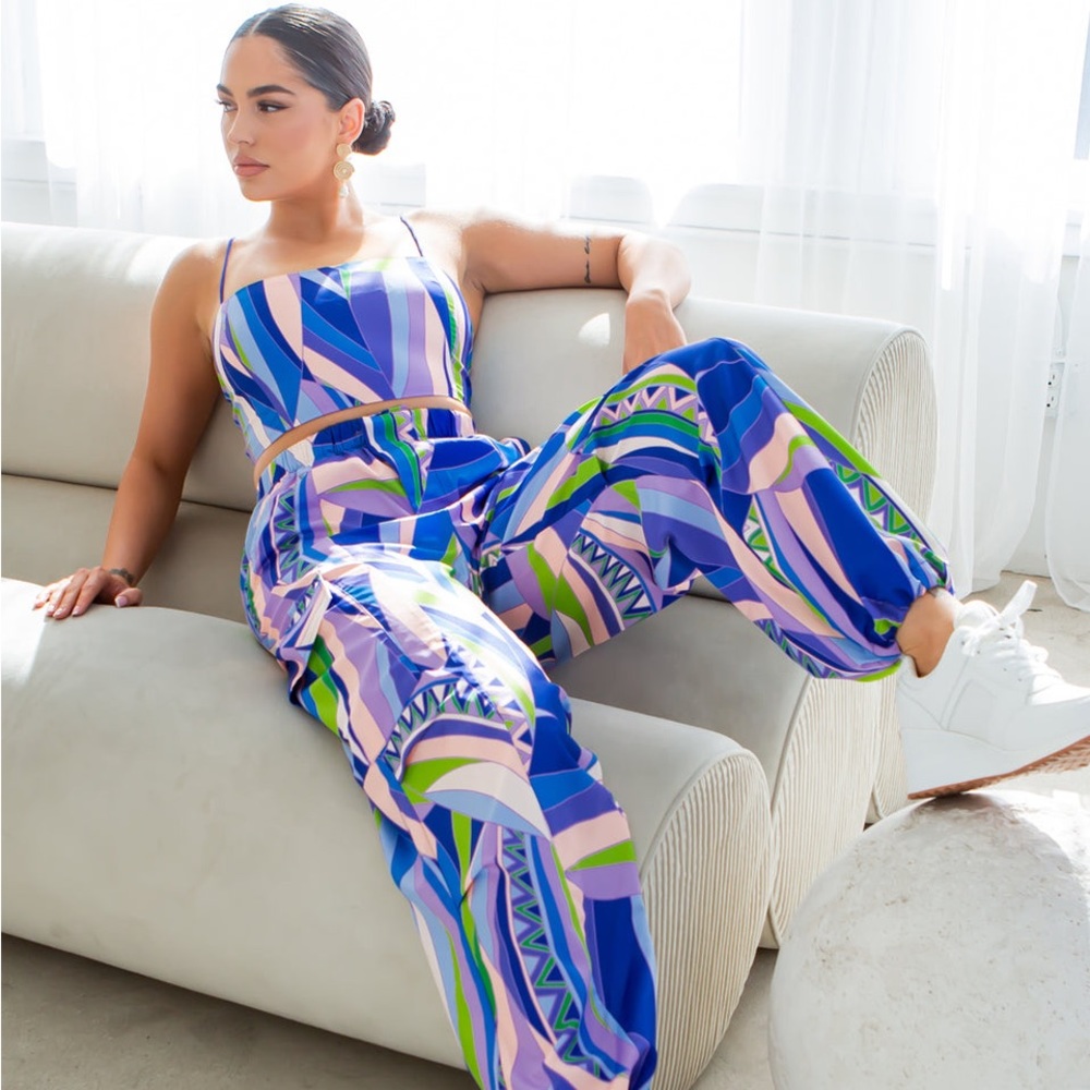 Bold Blue Printed High-Waist Jogger Pants